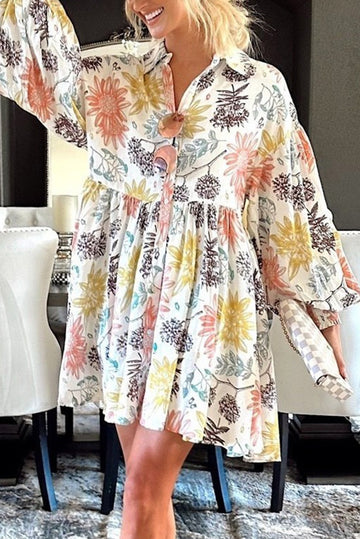 Collared Neck Bubble Sleeve Floral Dress