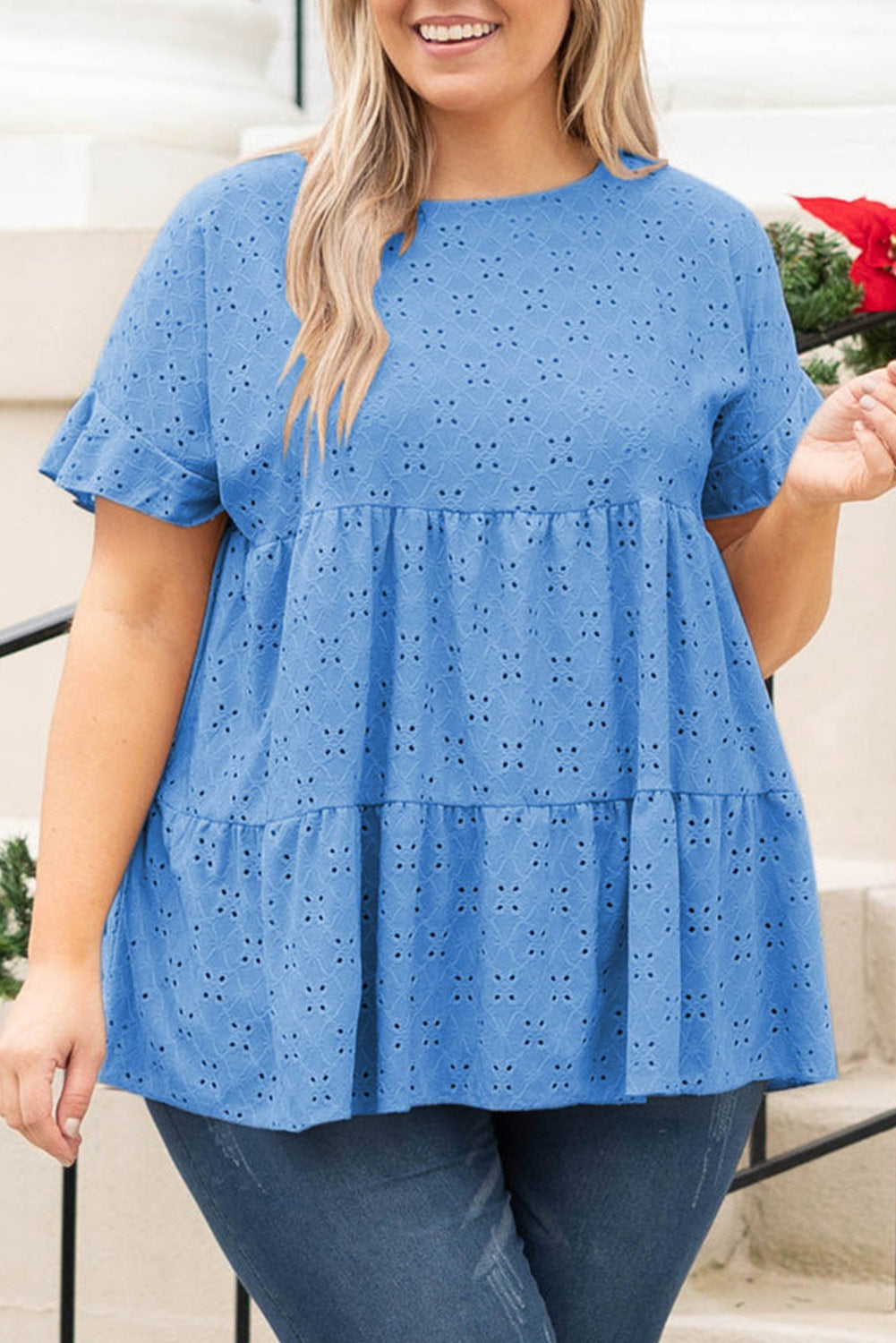 Plus Size Eyelet Pattern Ruffle Sleeve Babydoll Top