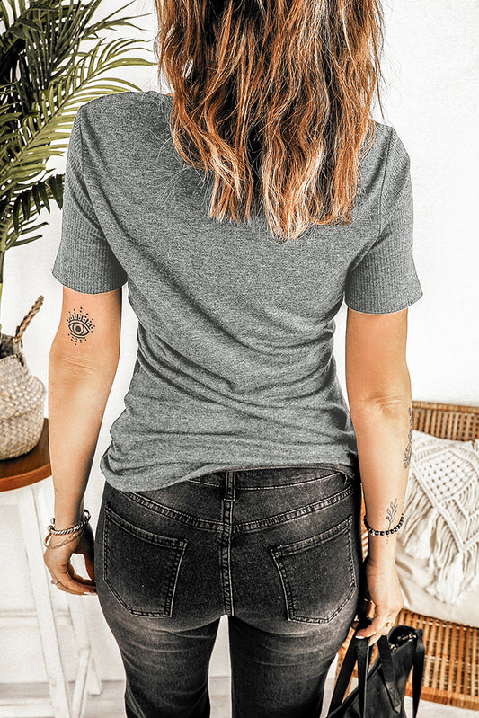 Gray Black Ribbed Knit V Neck Short Sleeve Top