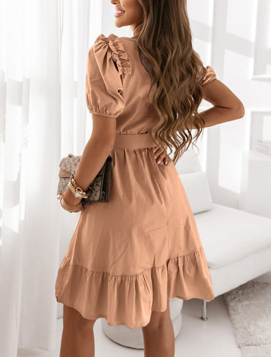 Brown V-Neck Ruffle Buttoned Midi Dress