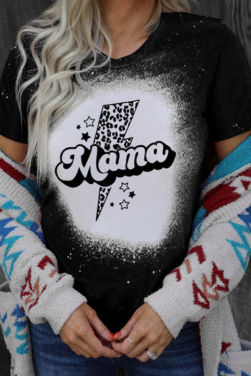 Black Mama Leopard Lightning Bleach Graphic Print Crewneck T Shirt