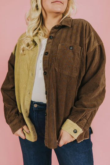 Plus Size Color Block Corduroy Shacket