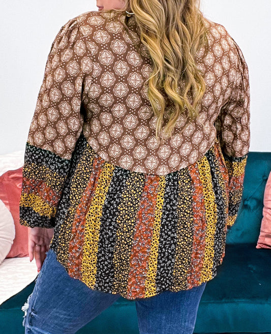 Mix Floral Striped Ethnic Splicing Plus Size Blouse