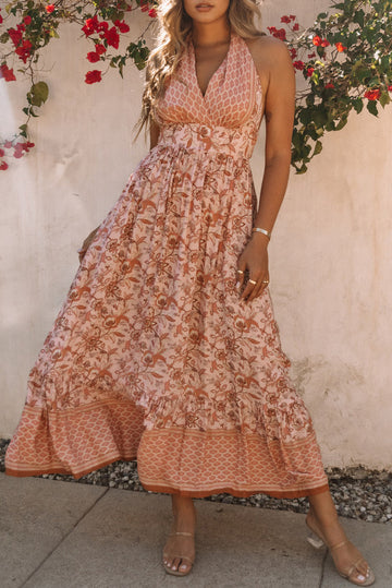 Pink Flora Print Halter Neck Tie Back Maxi Dress