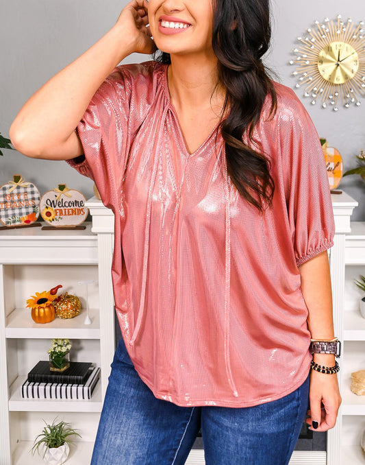 Pink Split V Neck Metallic Short Sleeve Top