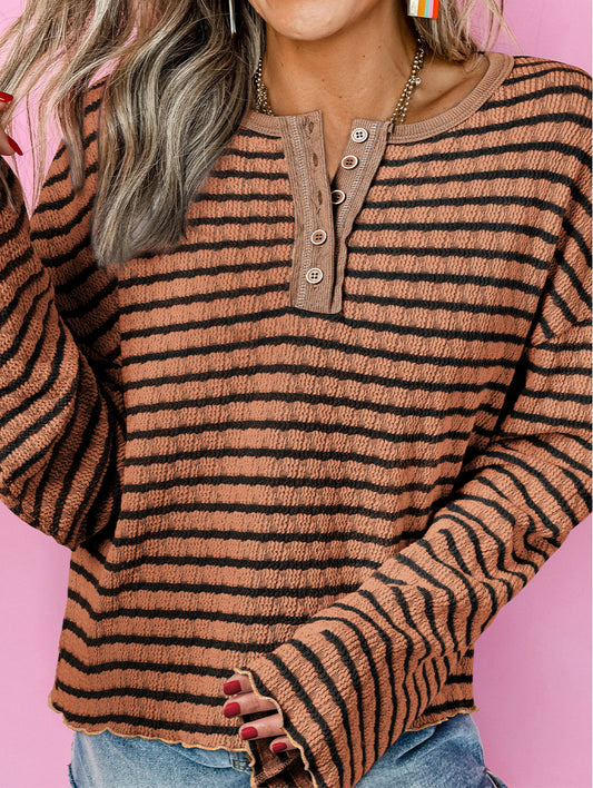 Stripe Textured Frilly Trim Buttons Henley Long Sleeve Top