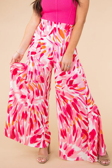 Rose Boho Abstract Floral Print Wide Leg Pants