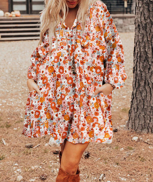 Printed Split Neck Floral Pocketed Shift Dress