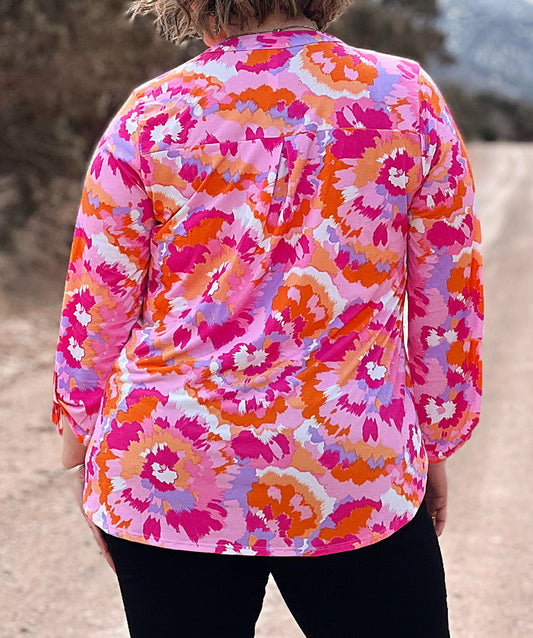 Pink Plus Size Abstract Floral Print V Neck Blouse