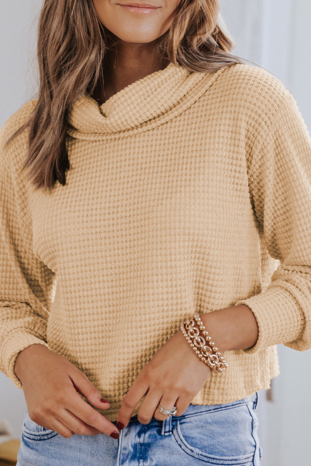 Solid Waffle Knit Turtleneck Long Sleeve Top