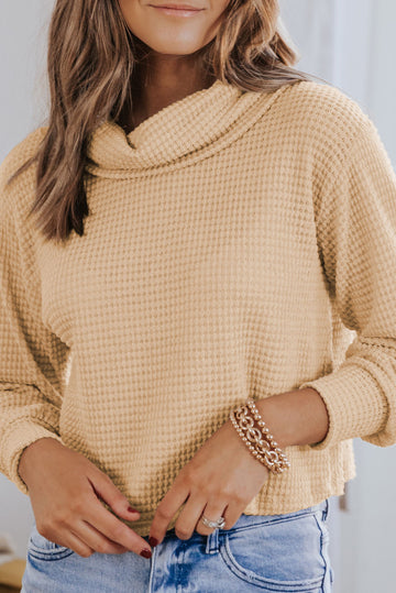 Solid Waffle Knit Turtleneck Long Sleeve Top