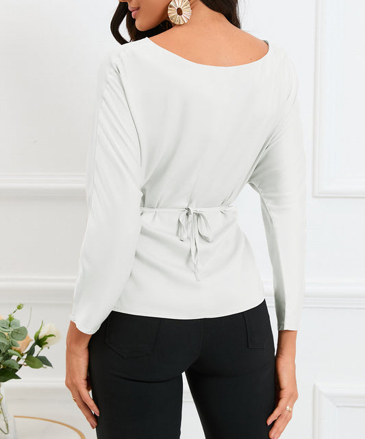 Lace-up Wrapped Split Hem Solid Long Sleeve Top