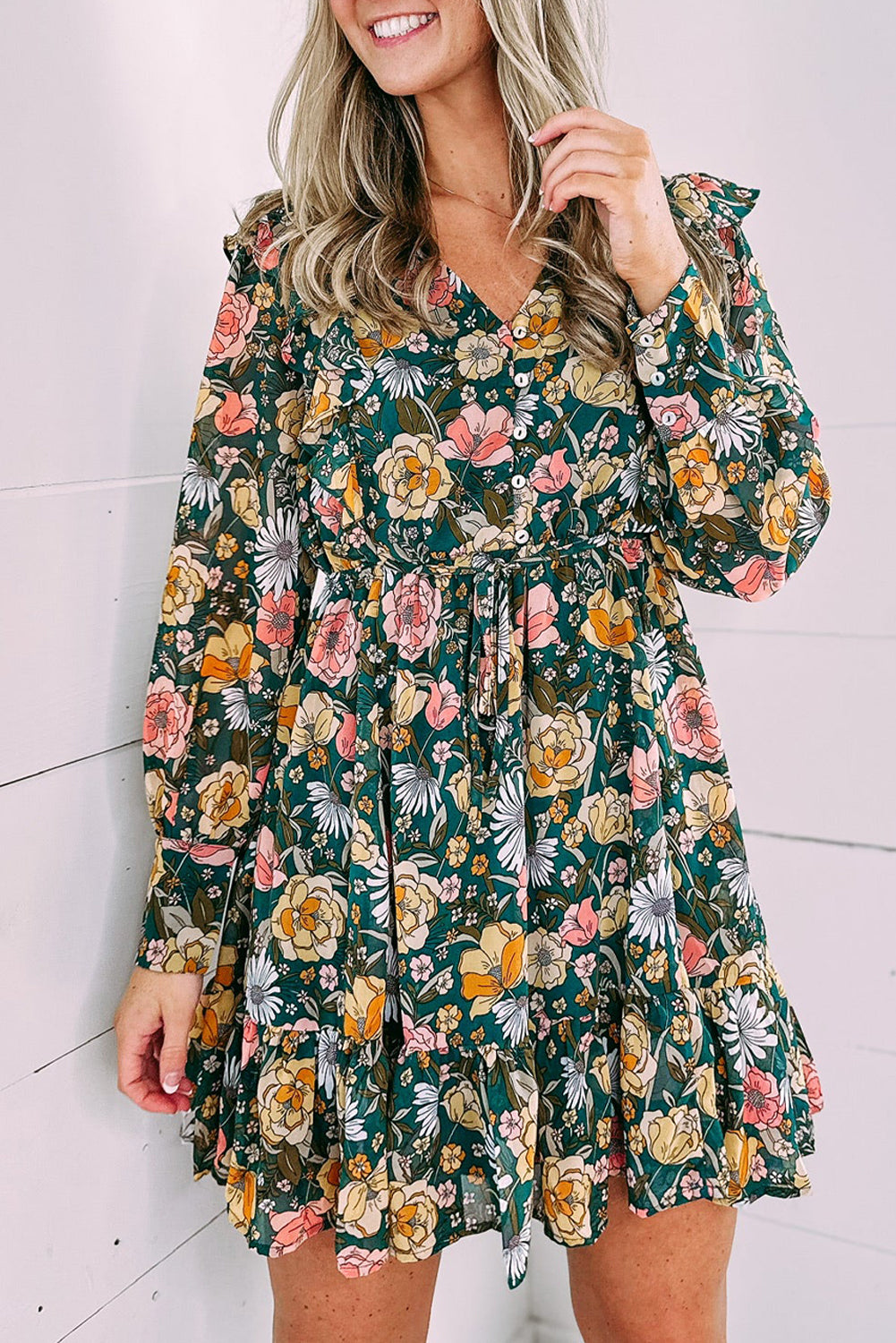 Buttoned Bodice Ruffled Floral Dress