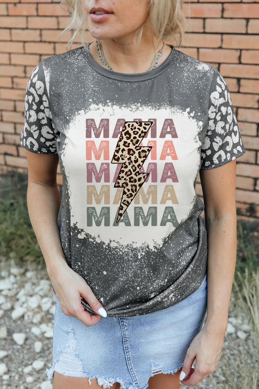 Gray MAMA Lightning Leopard Bleached Print Graphic T Shirt