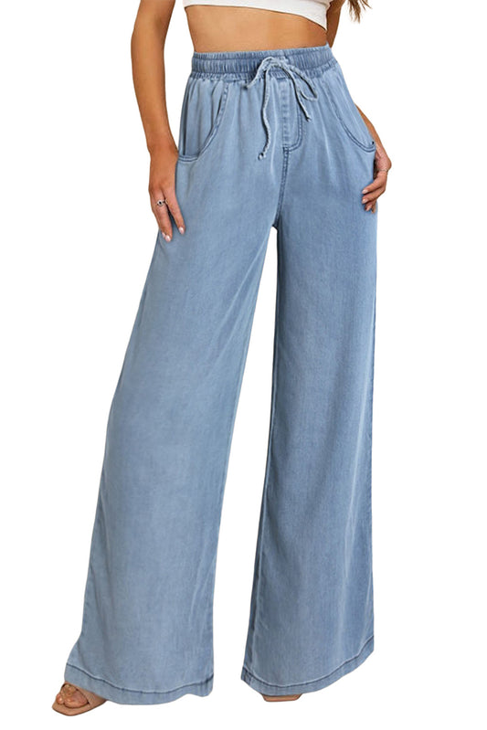 Blue Drawstring Waist Wide Leg Tencel Denim Pants