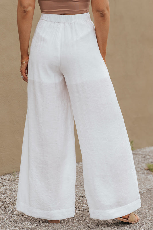 Solid Color Elastic Waist Pleated Wide Leg Pants