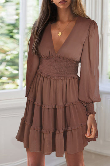 Frill Smocked Detail Sheer Long Sleeve Dress