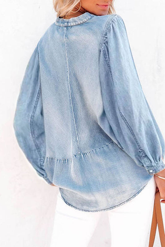 Balloon Sleeve Slit V-Neck Denim Top