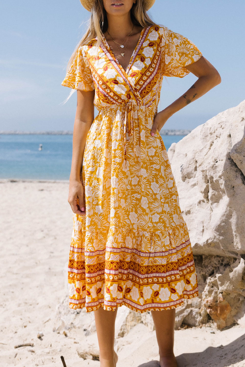 Yellow Floral Wrapped V Neck Tied Ruffled Sleeves Midi Dress