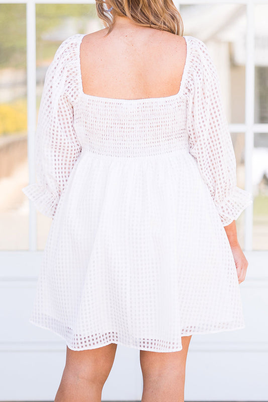 Gingham Square Neck Puff Sleeve Plus Size Dress