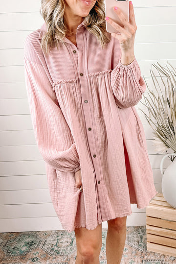 Patchwork Crinkle Puff Sleeve Shirt Dress