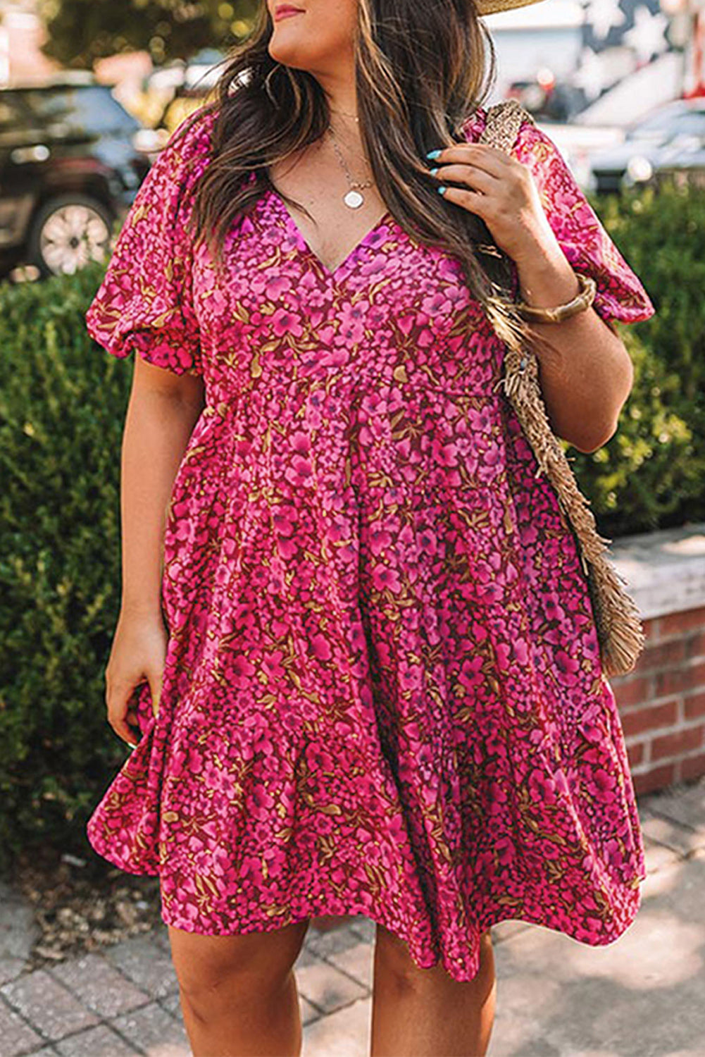 Rose Plus Size Floral V Neck Babydoll Dress