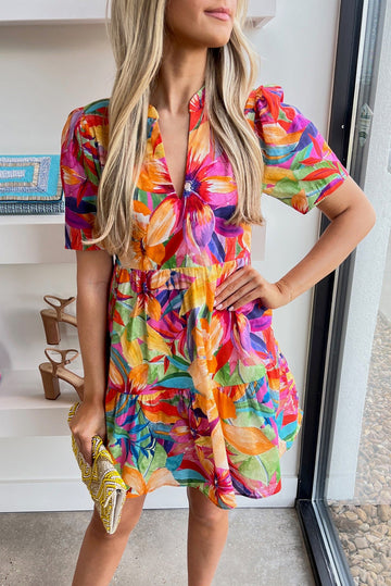 Floral Print V Neck Short Sleeve Dress