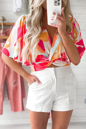 Abstract Print V Neck Twist Front Cropped Blouse