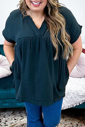 Plus Size Textured Short Sleeve Babydoll Blouse