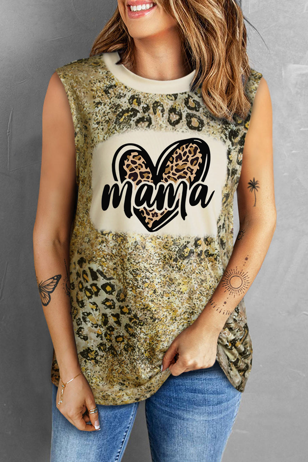 Leopard mama Heart Shaped Print Crew Neck Tank Top