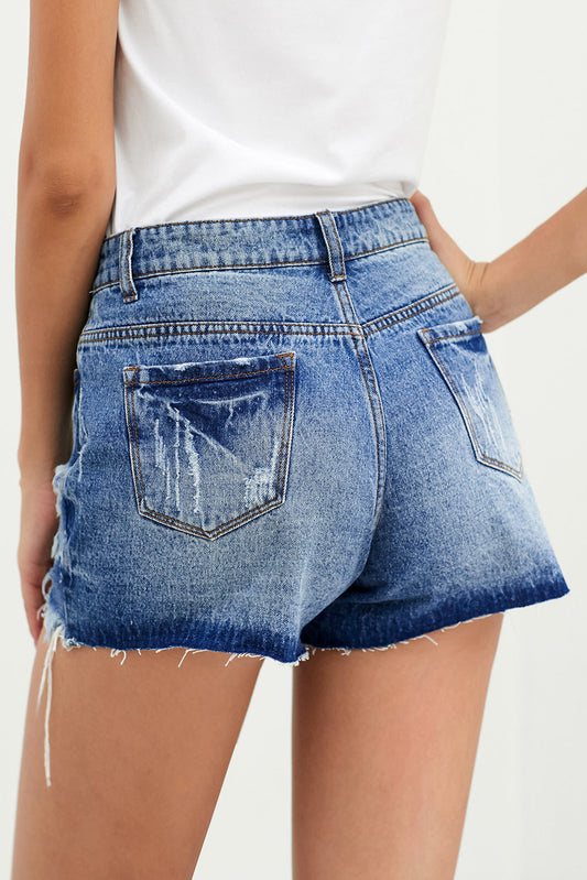 Button-fly High Rise Distressed Denim Shorts