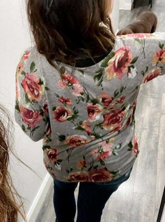 Floral Long Sleeve Plus Size Henley Top