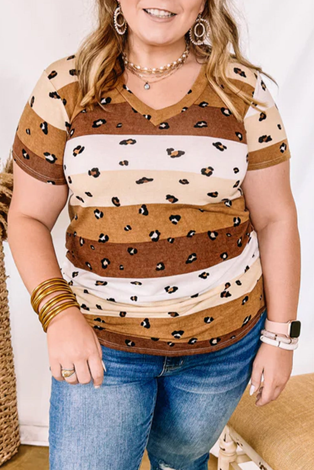 Leopard Color Block V Neck Plus Size T Shirt