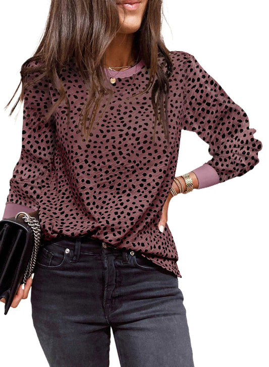 Animal Spotted Print Round Neck Long Sleeve Top