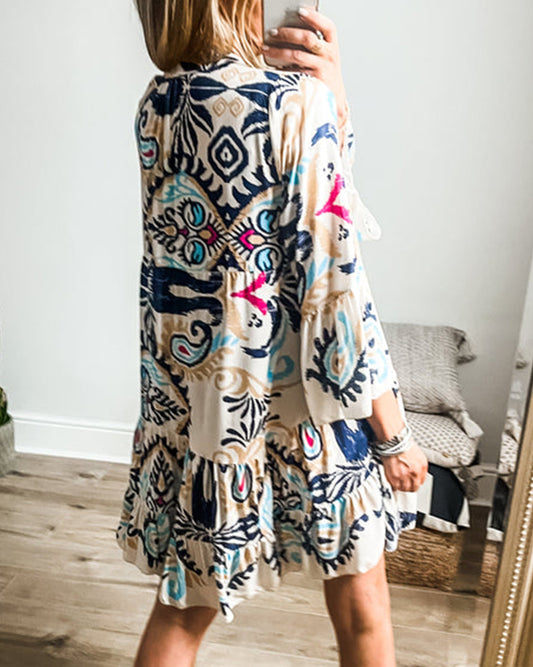 Printed Tribal Print Bracelet Sleeve Buttoned Mini Dress