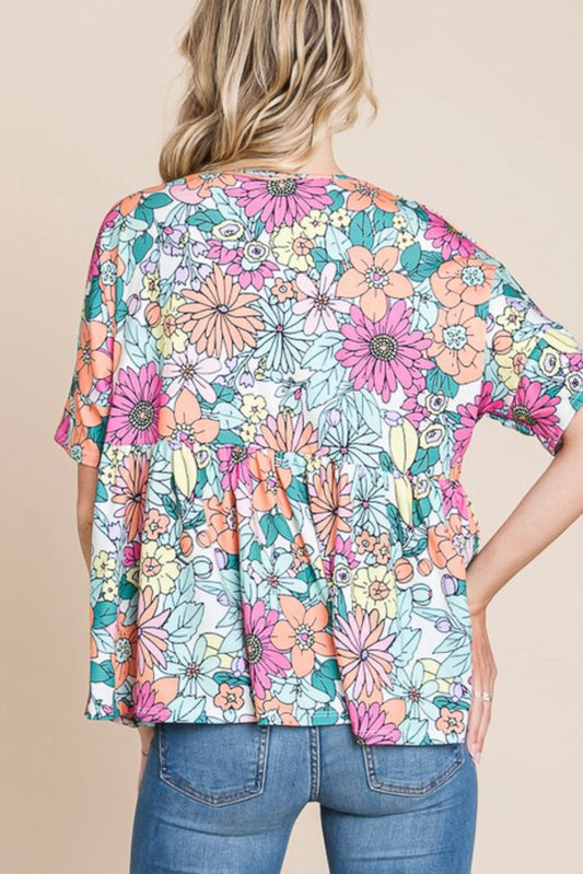 Bohemian Flower Print Flowy Short Sleeve Top