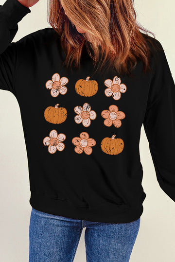 Floral Halloween Pumpkin Graphic Crew Neck Sweatshirt