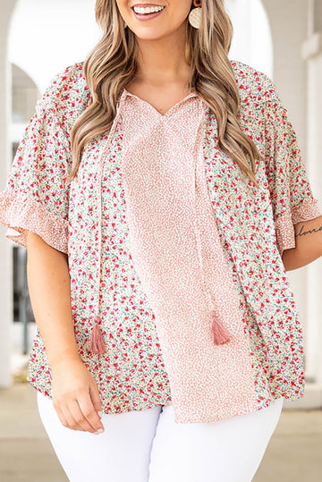 Plus Size Dotty Floral Patchwork Tassel Tie V Neck Top