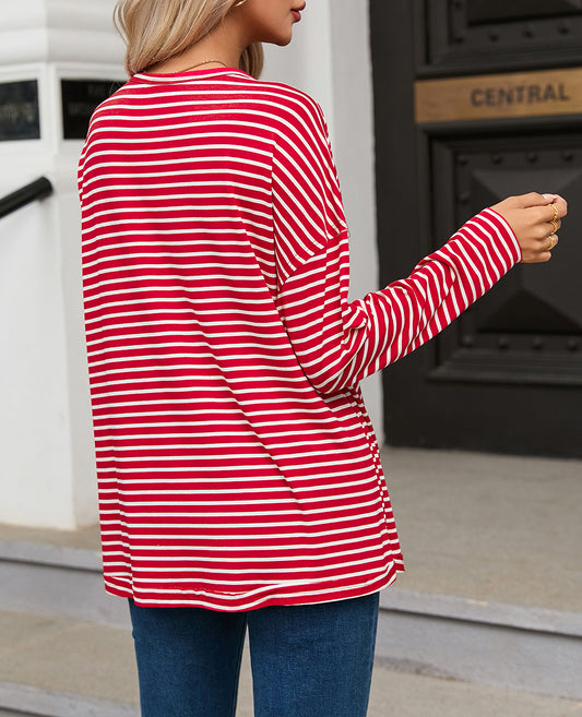 Striped Drop Shoulder Exposed Seam Long Sleeve Top