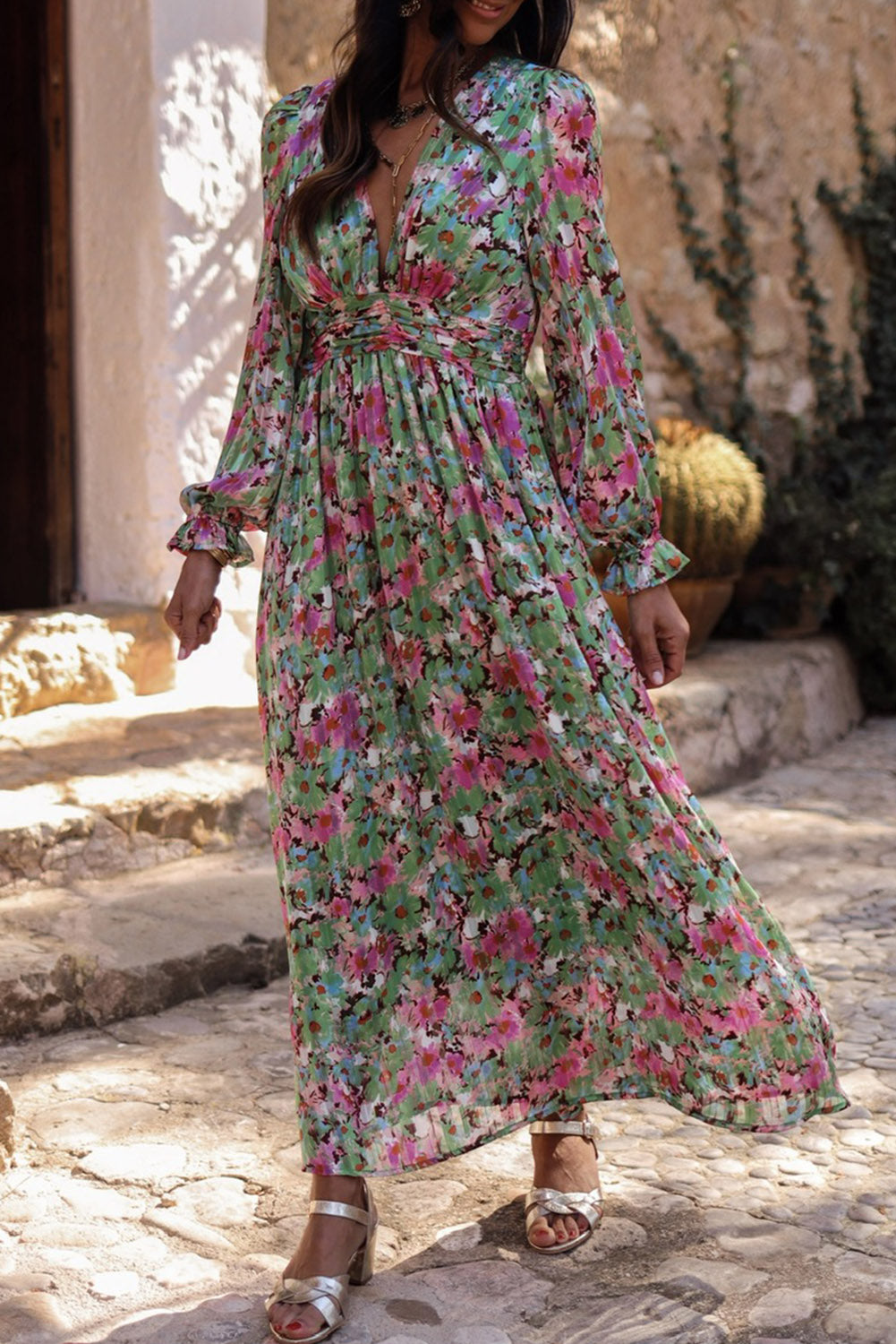 Floral Print Deep V Neck Ruched Cinched Waist Maxi Dress