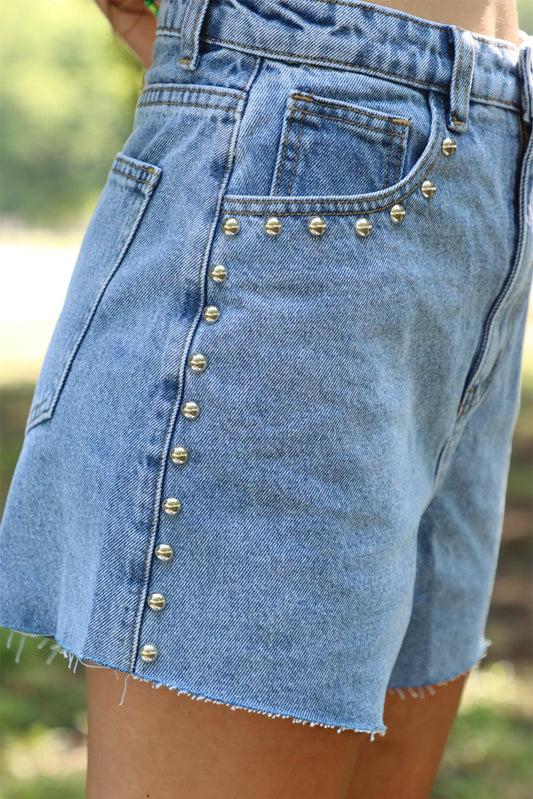 Stud Embellished High Waist Denim Shorts