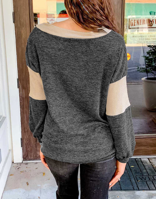 Brushed Contrast Knit V Neck Colorblock Long Sleeve Top