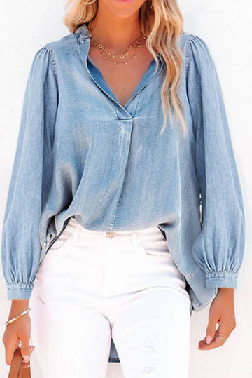 Balloon Sleeve Slit V-Neck Denim Top