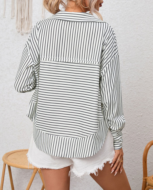 Striped Thumbhole Drop Shoulder V Neck Top