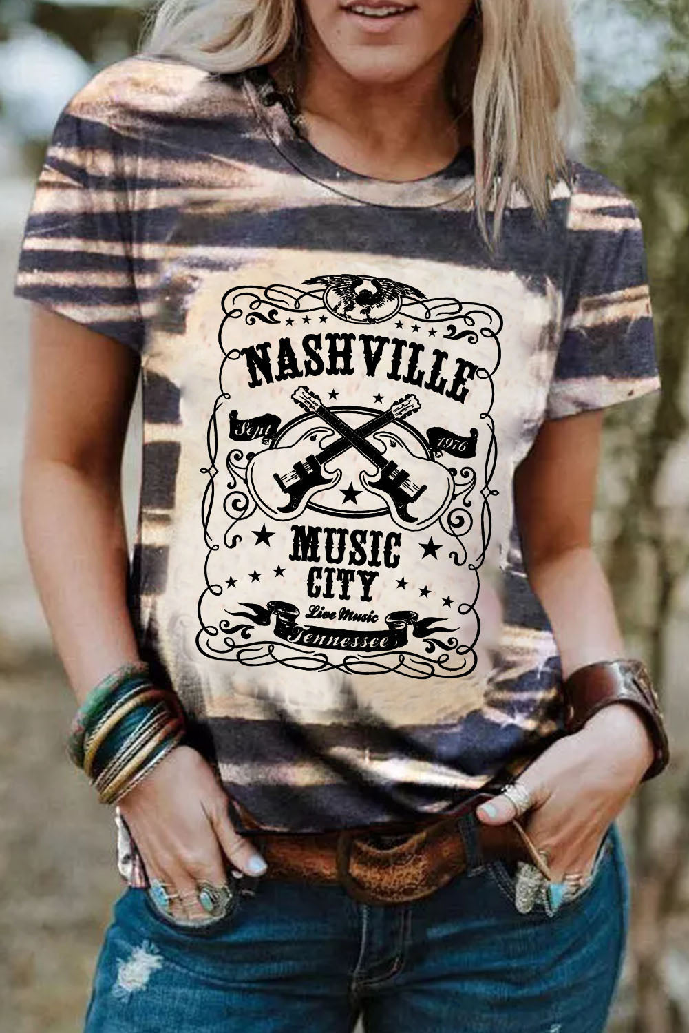 Tie-Dye Bleach NASHVILLE MUSIC CITY Graphic Tee