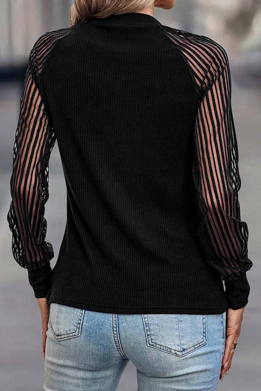 Striped Mesh Long Sleeve Crewneck Ribbed Top