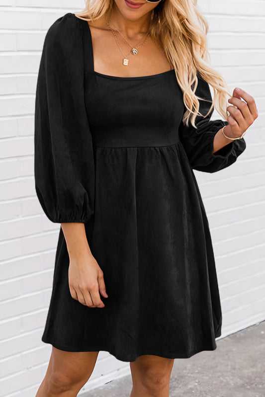 Suede Square Neck Puff Sleeve Dress