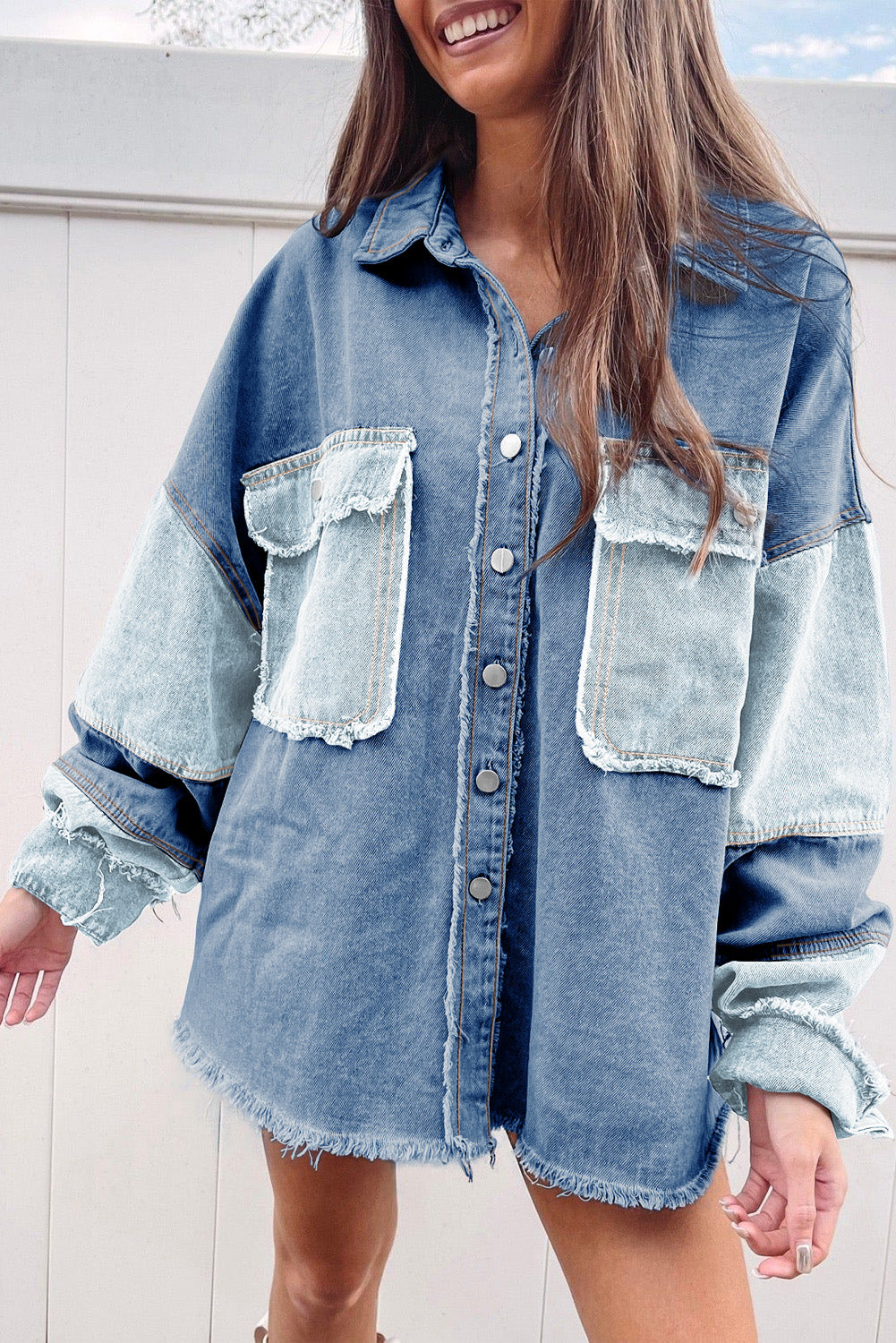 Color Block Frayed Patchwork Oversize Denim Jacket