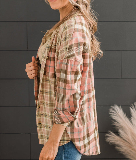 Plus Size Color Block Plaid Long Sleeve Shirt with Pocket