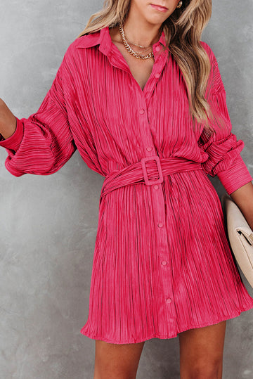 Pleated Buckle Belt Drop Shoulder Shirt Mini Dress